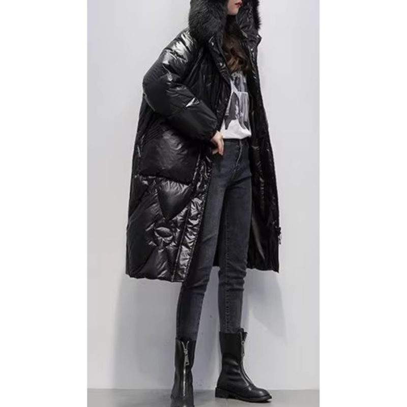 MonAmi - Parka Winterjacke Damen - Glänzender Steppmantel mit Kapuze und Kunstfellkragen