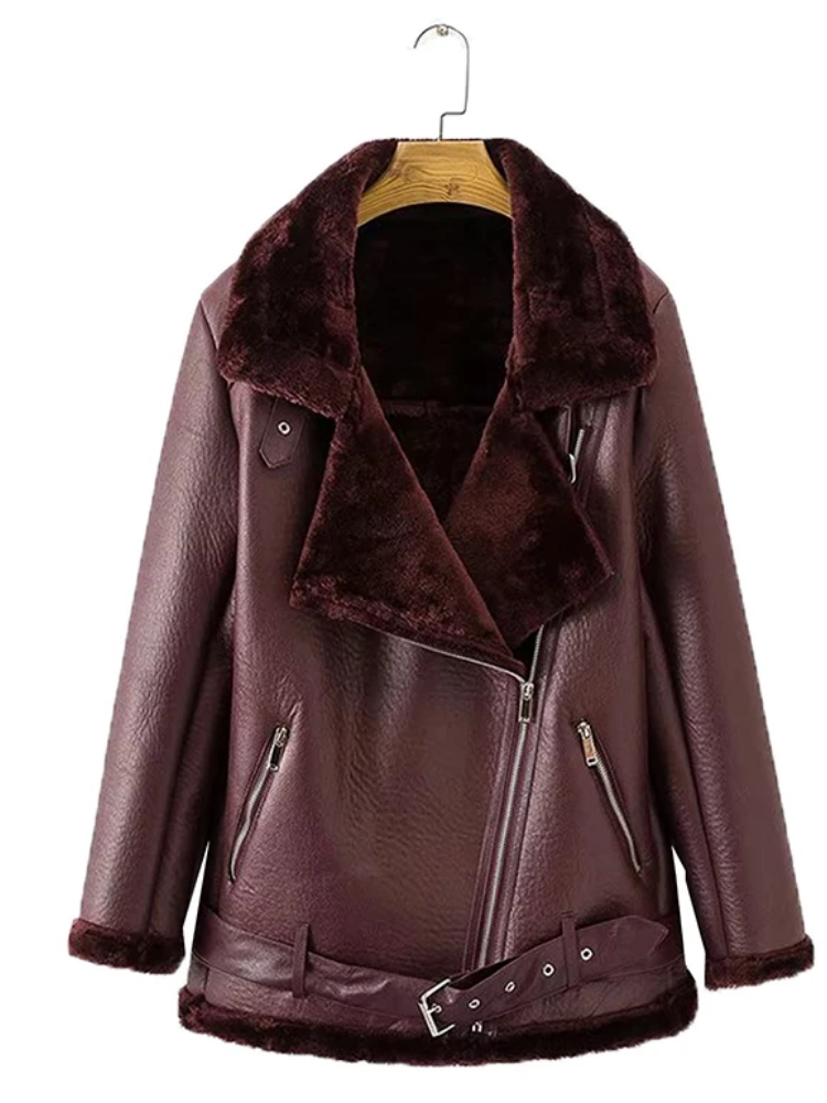 Tendance - Lederjacke Damen - Bikerjacke mit Kunstfellkragen und verstellbarem Gürtel