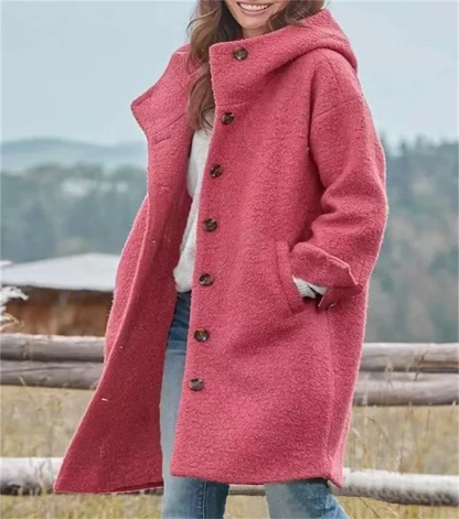 Veldora - Damenmantel Jacke - Warmer Teddyfellmantel mit Kapuze und Knopfleiste