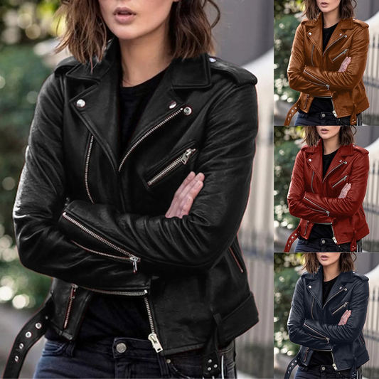 Callura - Lederjacke Damen - Klassische Bikerjacke mit Gürtel und Reißverschlusstaschen