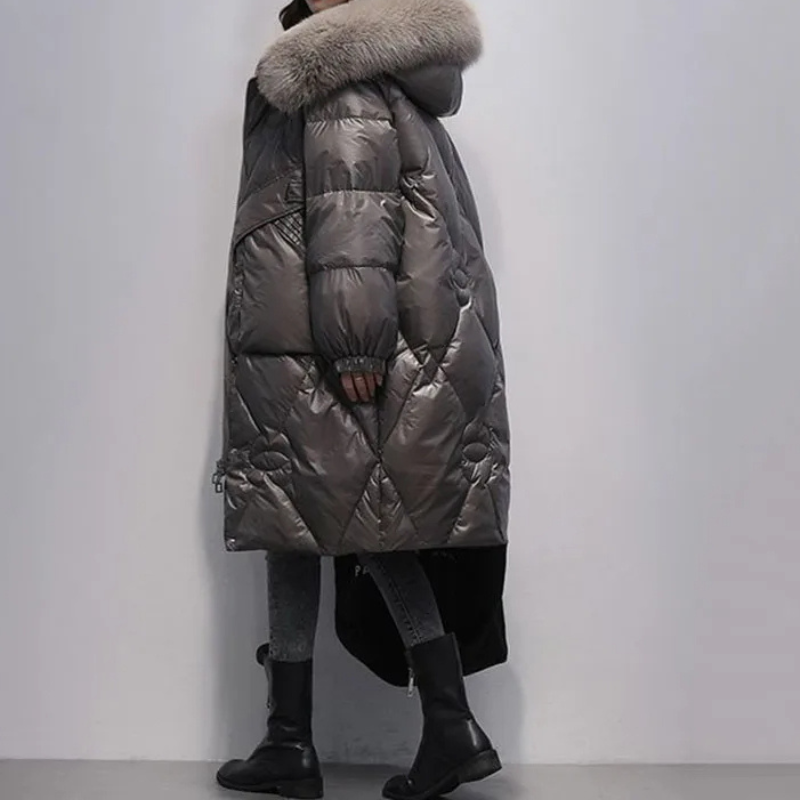 MonAmi - Parka Winterjacke Damen - Glänzender Steppmantel mit Kapuze und Kunstfellkragen