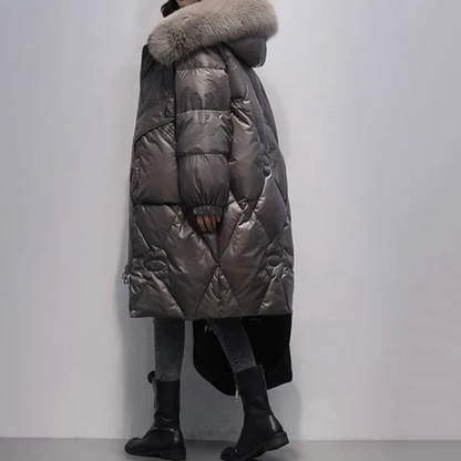 MonAmi - Parka Winterjacke Damen - Glänzender Steppmantel mit Kapuze und Kunstfellkragen