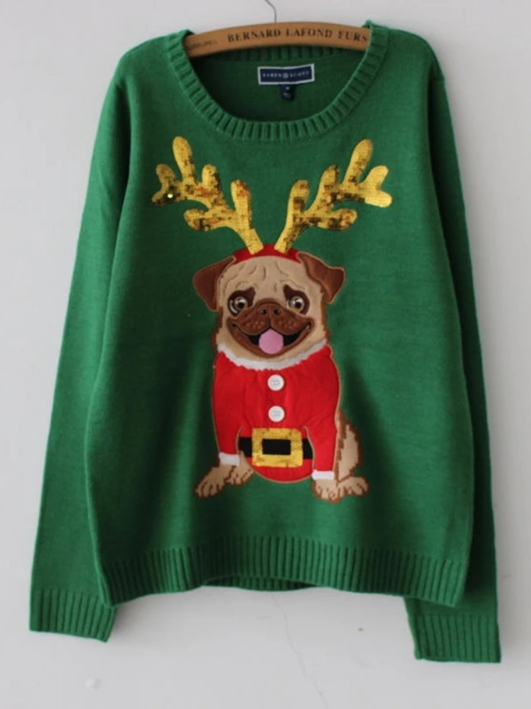 Charmar - Weihnachtspullover mit festlichem Mops-Motiv und Santa-Outfit