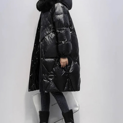 MonAmi - Parka Winterjacke Damen - Glänzender Steppmantel mit Kapuze und Kunstfellkragen