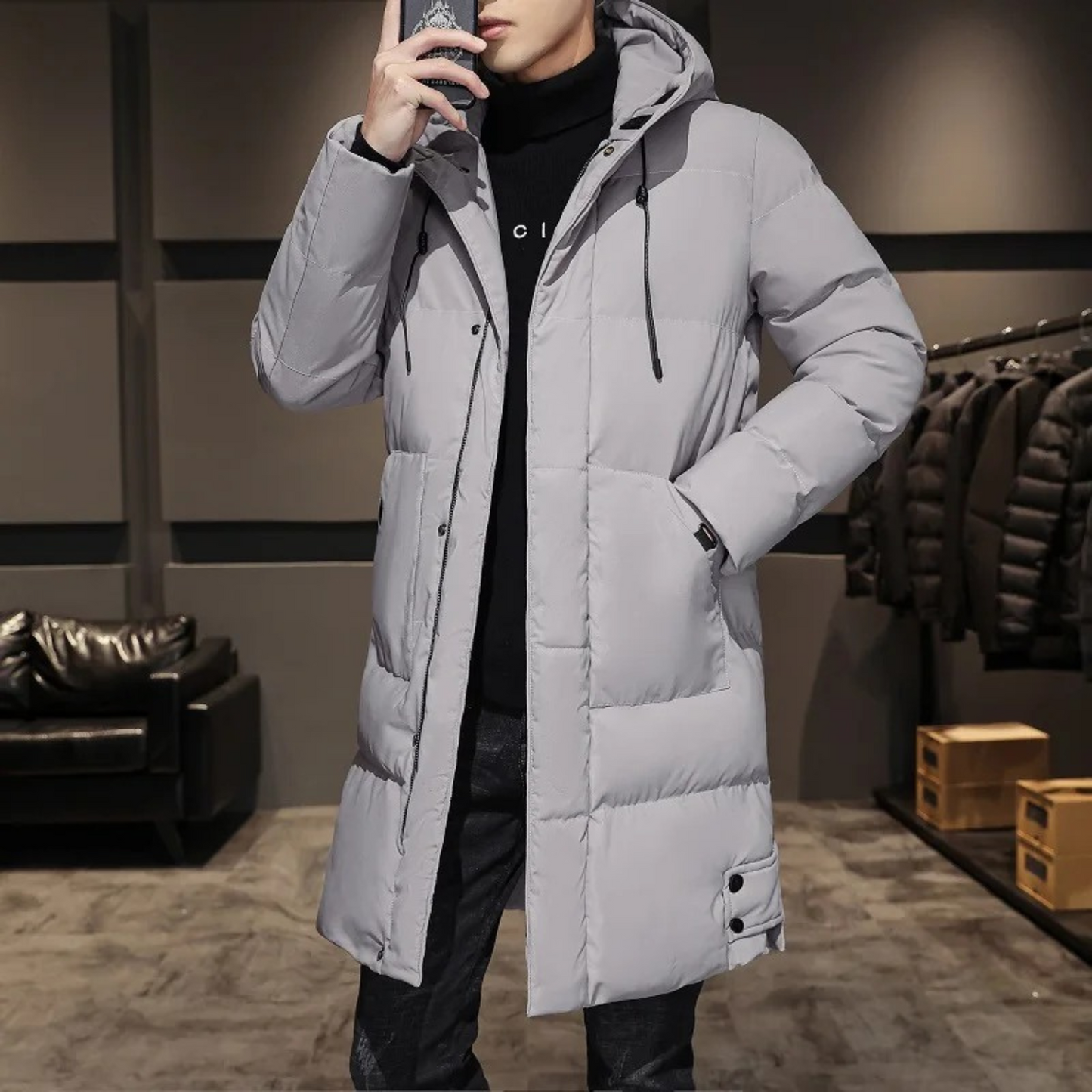 Alpxorn - Puffer Jacke Herren - Warmer Wintermantel mit Kapuze, Lang geschnitten