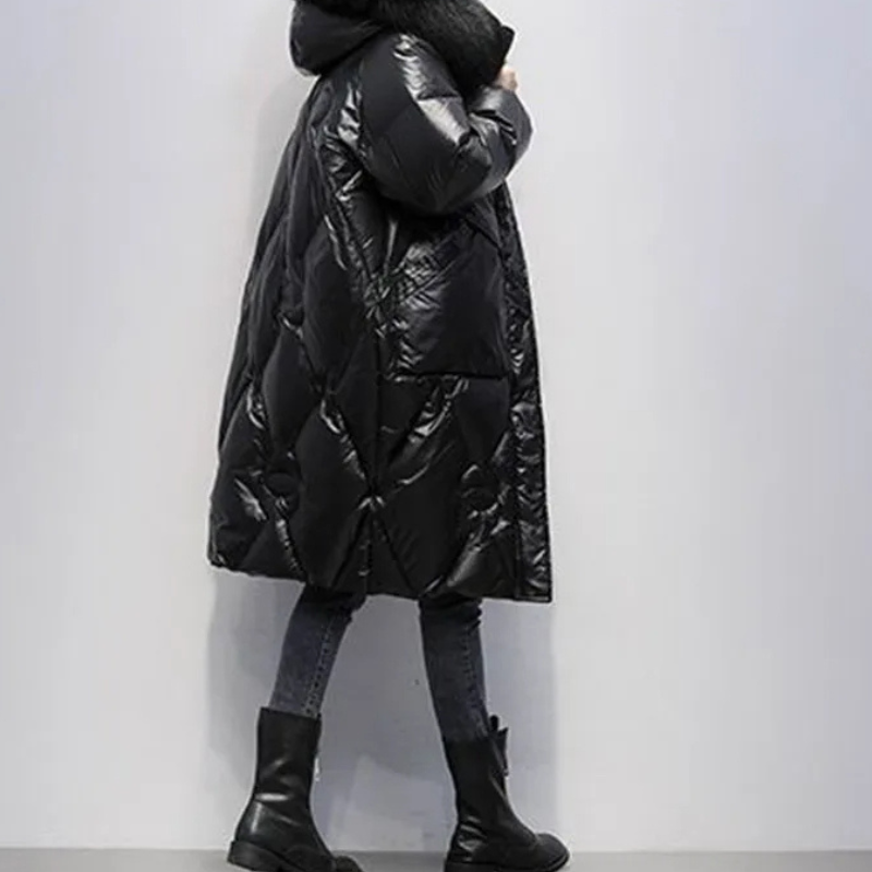 MonAmi - Parka Winterjacke Damen - Glänzender Steppmantel mit Kapuze und Kunstfellkragen