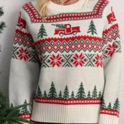 Warmiss - Weihnachtspullover mit Baum- und Truck-Motiv, Strickpullover für die Feiertage