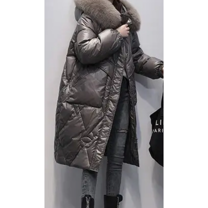 MonAmi - Parka Winterjacke Damen - Glänzender Steppmantel mit Kapuze und Kunstfellkragen