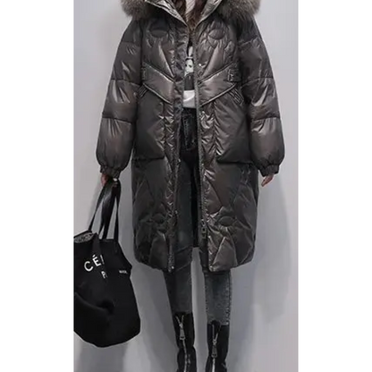 MonAmi - Parka Winterjacke Damen - Glänzender Steppmantel mit Kapuze und Kunstfellkragen