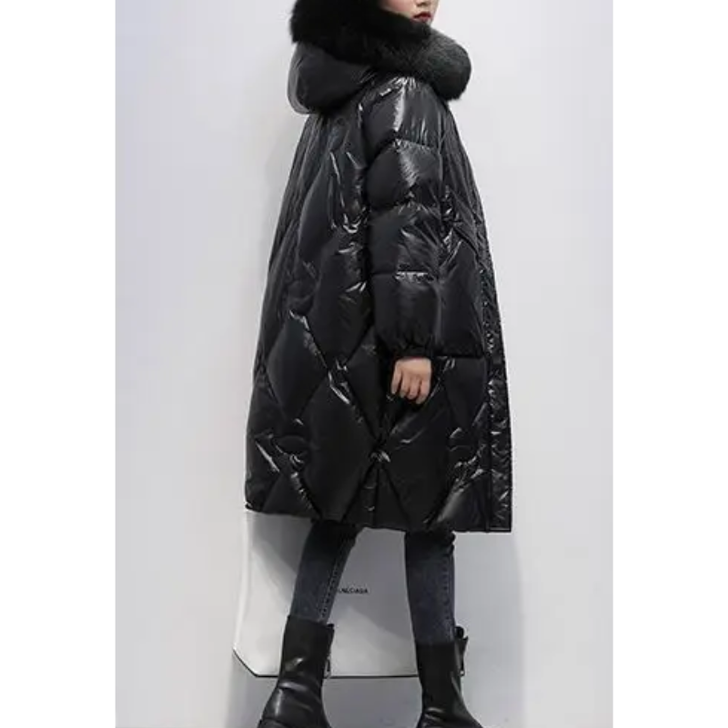 MonAmi - Parka Winterjacke Damen - Glänzender Steppmantel mit Kapuze und Kunstfellkragen