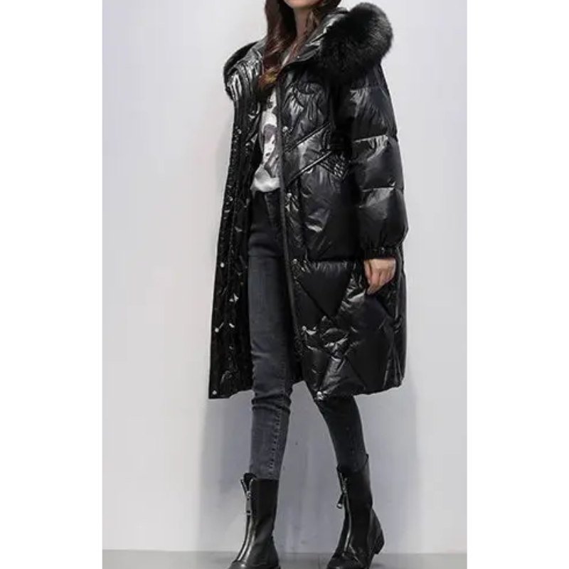 MonAmi - Parka Winterjacke Damen - Glänzender Steppmantel mit Kapuze und Kunstfellkragen