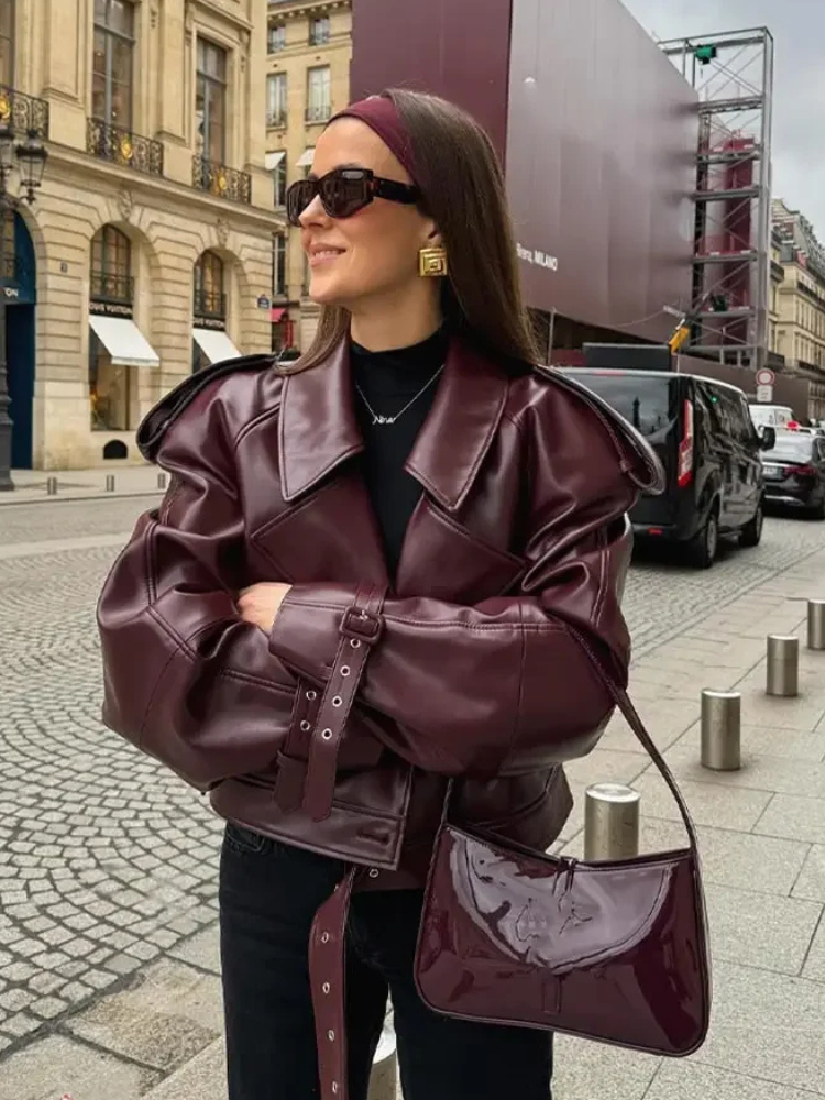 Ravonda - Lederjacke Damen - Trendige Oversize-Bikerjacke mit Gürtel und breitem Kragen